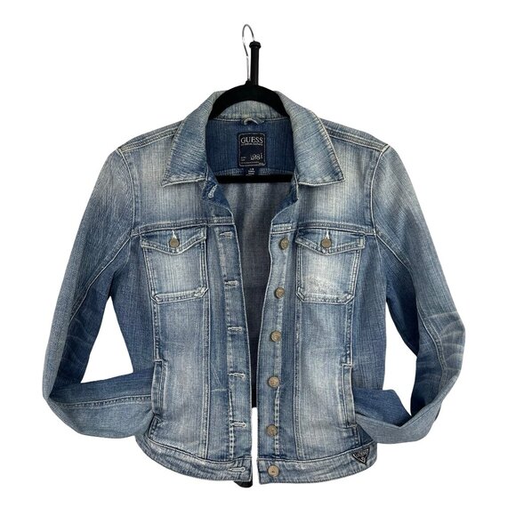 Guess Denim Trucker Jacket Faded Blue Light Wash Size L Women's Large - Picture 2 of 16